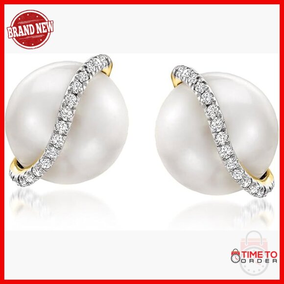 8-8.5mm Cultured Pearl Stud Earrings with Diamond Accents in 14kt Yellow Gold
